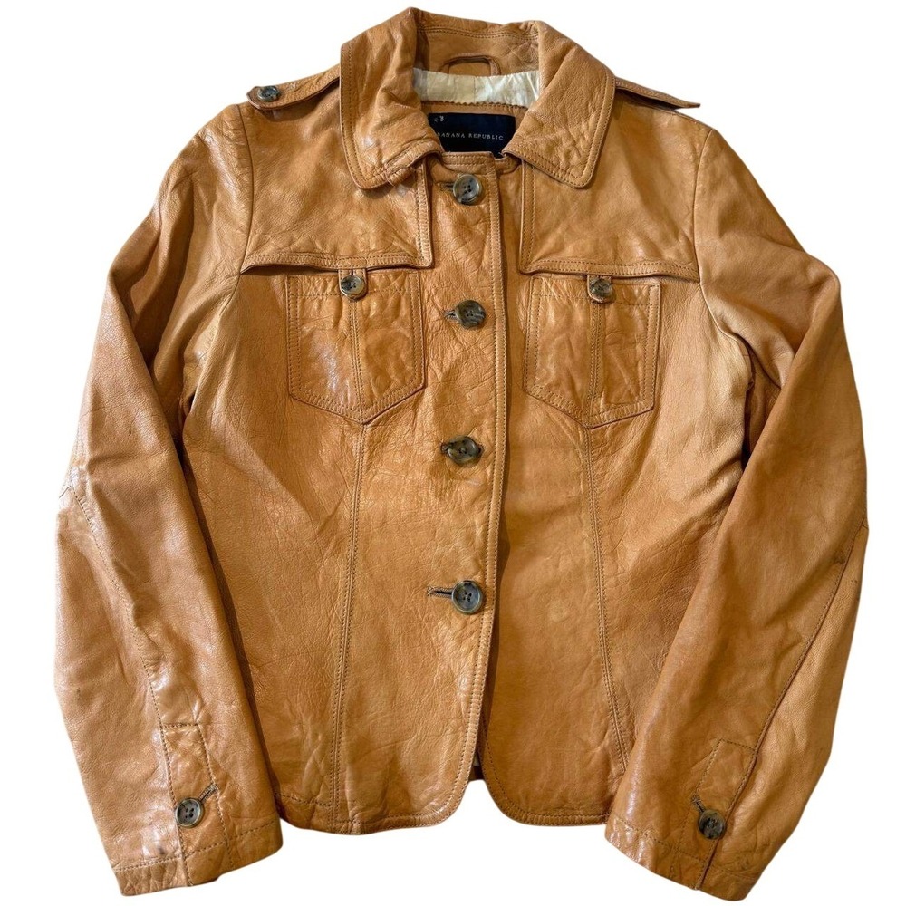 Banana Republic Tan Genuine Leather Jacket Small S Utility Safari Button Up‎